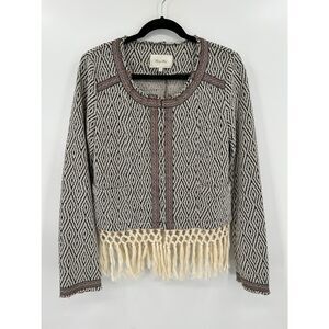 MISS ME Gray Beige Boho Diamond Knit Fringe Festival Cardigan Sweater Large